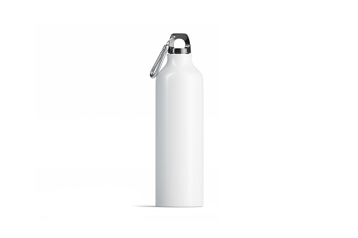 Maqueta de botella deportiva de metal blanco en blanco, aislado, vista frontal photo