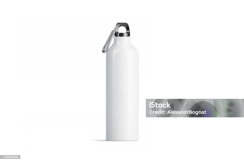 Blank white metal sport bottle mockup, isolated, front view Blank white metal sport bottle mockup, isolated, front view,3d rendering. Empty aluminum can with clip mock up. Clear trip container with liquid. Fitness or tourism flask template. Bottle Stock Photo