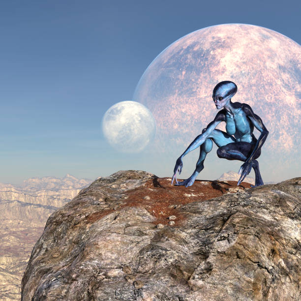 istock Illustration of an alien crouching on an alien world 1132958649