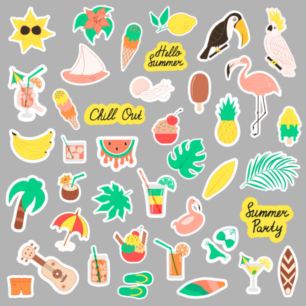 super duży zestaw uroczych letnich naklejek. owoce, ananas, koktajl, palma, papuga, flaming, lody, koktajle. elementy wektorowe imprezy plażowej. - heat beautiful joy happiness stock illustrations