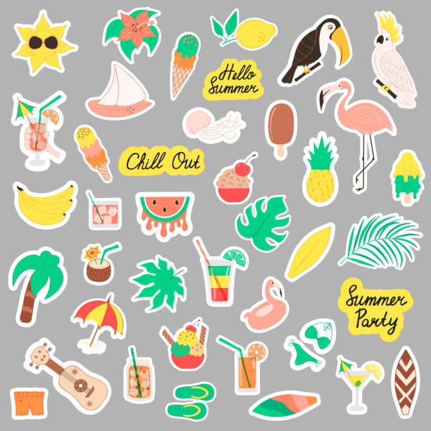 ilustrações de stock, clip art, desenhos animados e ícones de super big set of cute summer stickers. fruits, pineapple, cocktail, palm tree, parrot, flamingo, ice cream, cocktails. beach party vector elements. - heat beautiful joy happiness