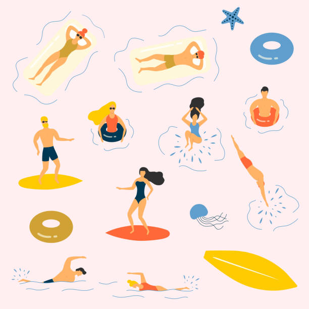 ilustraciones, imágenes clip art, dibujos animados e iconos de stock de la gente de verano en bikini en el mar escalofriante, tomando el sol y el surf. agua relajante ilustración vectorial. - surfing surfboard summer heat