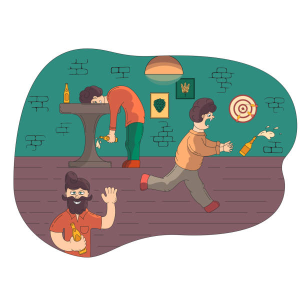 ilustrações, clipart, desenhos animados e ícones de pessoas bêbedas engraçadas no pub. bêbado derramando cerveja da garrafa. ilustração isolada caricatura do vetor. - alcohol drop cartoon cheerful