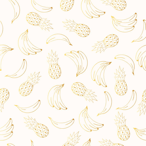 Cute summer golden banana and pineapple seamless pattern in outline with juicy fruits. Party gold texture. Vector background. Cute summer golden banana and pineapple seamless pattern in outline with juicy fruits. Party gold texture. Vector background. banana patterns stock illustrations