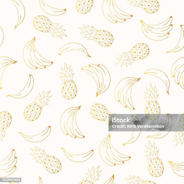 Cute Summer Golden Banana And Pineapple Seamless Pattern In Outline With Juicy Fruits Party Gold Texture Vector Background Stock Illustration - Download Image Now