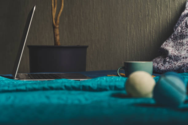 Tea with Lemon and Cookies with Chocolate Laying on Mattress - Grey Laptop Besides it, Blurred Turquoise Background, Vintage Look Edit