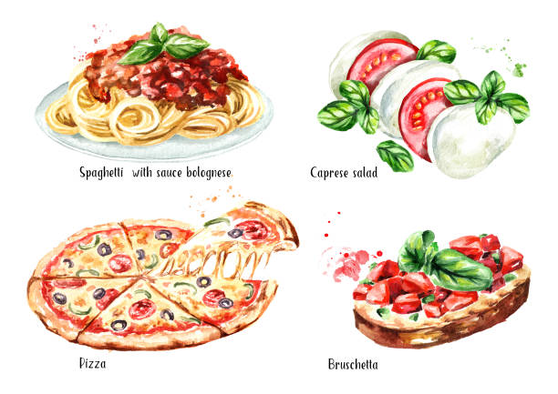 illustrazioni stock, clip art, cartoni animati e icone di tendenza di set di cibo italiano. pizza, spaghetti al sause bolognese, insalata caprese, bruschetta. illustrazione disegnata a mano ad acquerello isolata su sfondo bianco - ragù