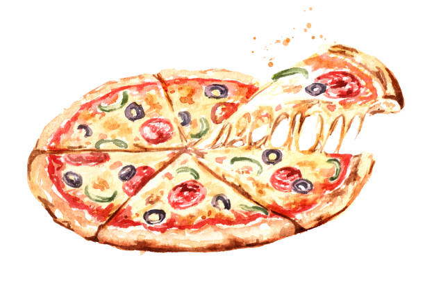 pyszna świeża gorąca pizza. ilustracja ręcznie rysowana akwarelą, wyizolowana na białym tle - foods and drinks isolated on white basil cooked stock illustrations
