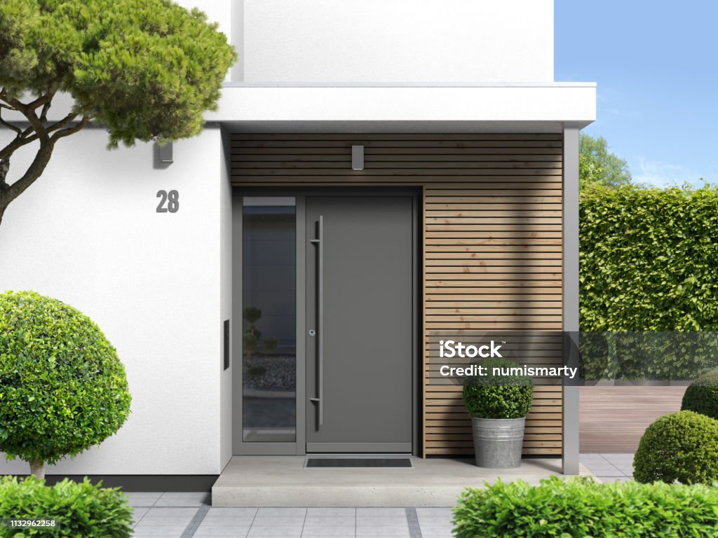 modern home with front door entrance 3D rendering  showing a modern house with front door an front yard Door Stock Photo