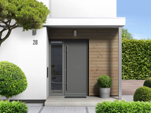 modern home with front door entrance 3D rendering  showing a modern house with front door an front yard doorway stock pictures, royalty-free photos & images