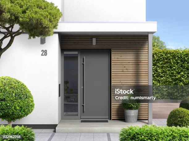 Modern Home With Front Door Entrance Stock Photo - Download Image Now - Door, House, Modern
