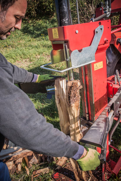 istock Worker Chopping Firewood with a Wood Splitter Close up 1132962475