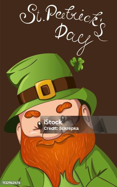 Happy Saint Patricks Day Illustration Hand Drawn Leprechaun Cgaracter With Green Clover Leaf Vector Illustration Stock Illustration - Download Image Now
