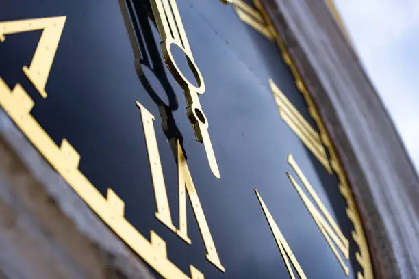 Big clock on church tower in Russia. Detailed and close view of clockface