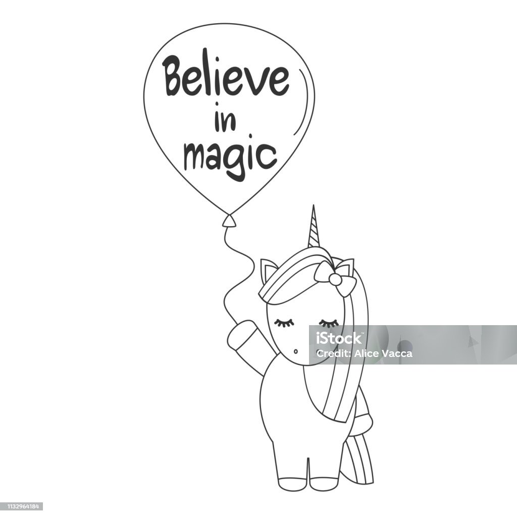 cute cartoon black and white vector unicorn with balloon illustration for coloring art Animal stock vector