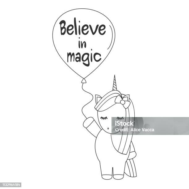 Cute Cartoon Black And White Vector Unicorn With Balloon Illustration For Coloring Art Stock Illustration - Download Image Now