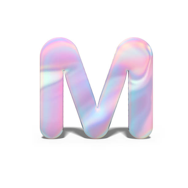 밝은 홀로그램 디자인에 추상적 인 3d 대문자 m. 네온 블루 핑크 글꼴, 고립 된 흰색 배경에 현실적인 반짝 알파벳. 3d 렌더링. - letter m alphabet three dimensional shape metal 뉴스 사진 이미지