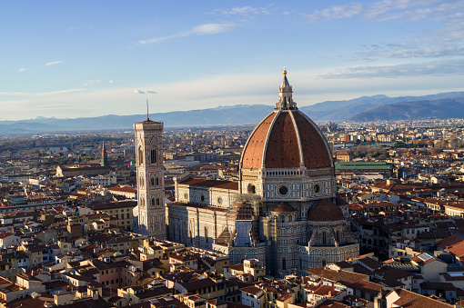 Aerial VIew of Florence Cathedral at sunset - Italy