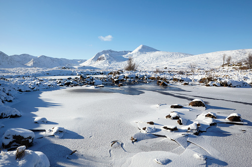 Winter scenic of famous landscape with Meall a Bhuiridh and Clach Leathad mountains