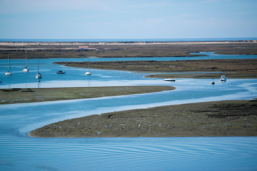 the Landscape of Ria Formosa at the coast of of Faro at the east Algarve in the south of Portugal in Europe.