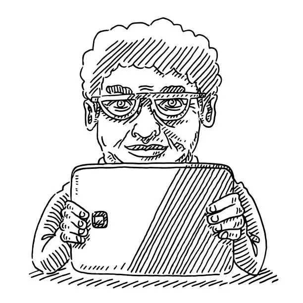 Vector illustration of Senior Lady Holding Tablet Computer Drawing