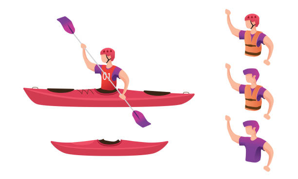 ilustraciones, imágenes clip art, dibujos animados e iconos de stock de kayak y gente equipada con varios equipos de kayak. ilustración vectorial. - equipped