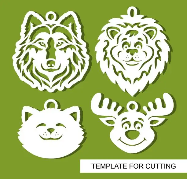 Vector illustration of Set of decorative pendants with animals heads: wolf, lion, cat and deer.