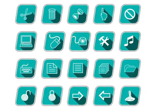 Vector illustration of Icon set with computer symbols, green skew icons, long shadow, white pictograms