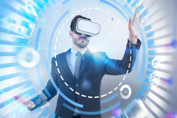 istock Man in vr glasses using internet icons, hud white 1132976720