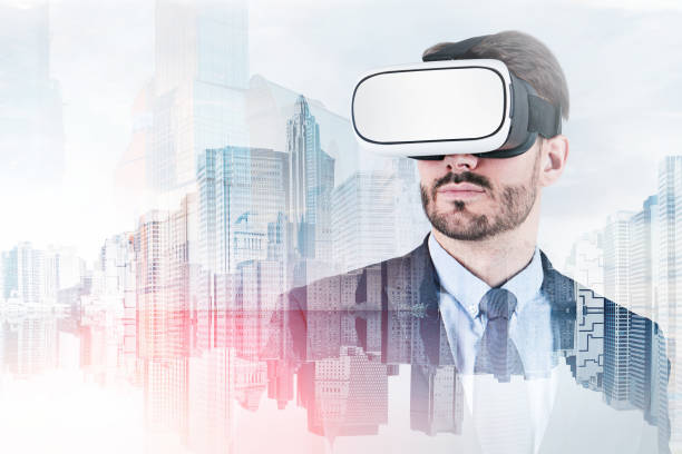 istock Man in vr glasses in blue city 1132977068