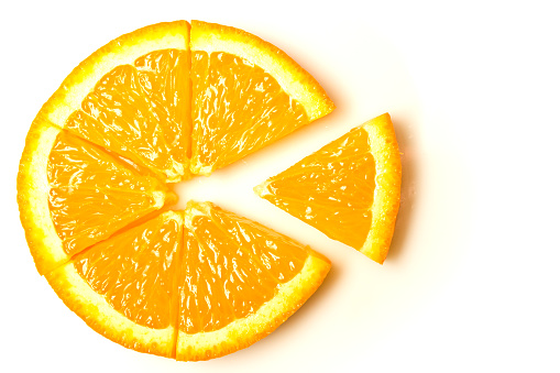Orange slice cut into sectors, parts - a symbol, abstraction isolate on a white background
