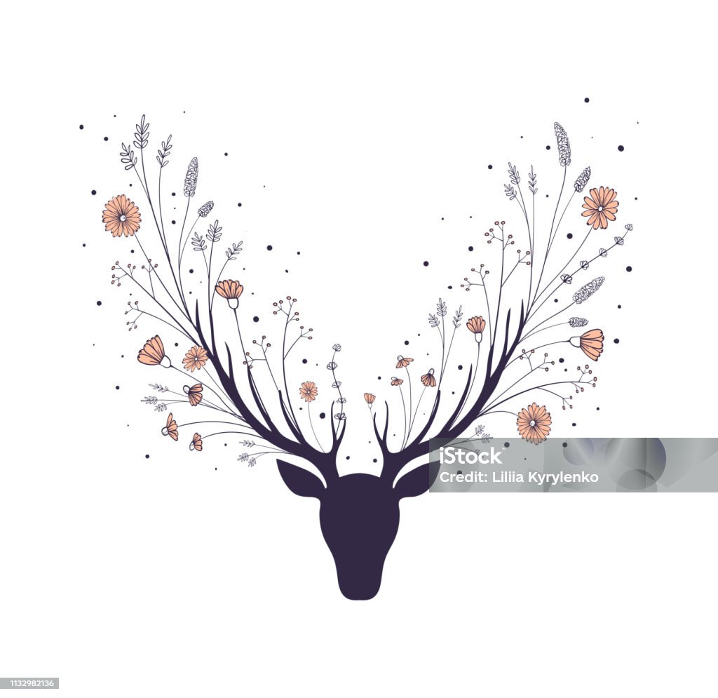 Flowers in the horns of a deer. Silhouette of the head of a forest animal. Flowers in the horns of a deer. Silhouette of the head of a forest animal. Floral illustartion Deer stock vector