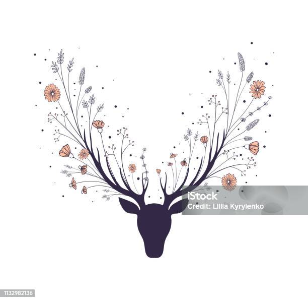 Flowers In The Horns Of A Deer Silhouette Of The Head Of A Forest Animal Stock Illustration - Download Image Now