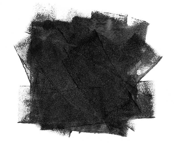 Big single black roller painted paint stain isolated on white paper background - abstract square artwork handmade with visible sponge roll prints full of irregular amout of paint distribution filled by dots spots and lines Single object in the middle of white paper card. Painted by paint roller by hand. Carelessly spontaneous abstract artwork. Zoom to see the details. Unique texture pattern. High quality file. expressionism stock illustrations