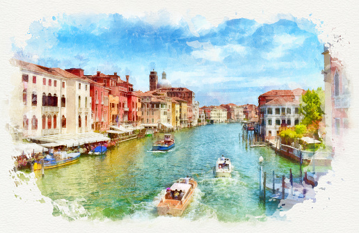 Picturesque view of Venetian Grand Canal with boats, digital imitation of watercolor painting. Colorful facades of old medieval houses over a canal in Venice, Italy. Watercolor frame.