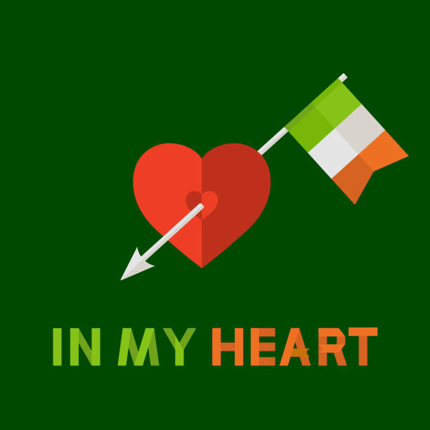 私の囲炉裏にテキストと伝統的なアイルランドの旗と心と矢とベクトル緑の背景 - arrow heart shape love luck点のイラスト素材／クリップアート素材／マンガ素材／アイコン素材