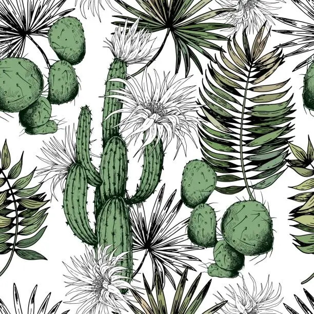 Vector illustration of Seamless pattern with green cactus plants and white flowers.