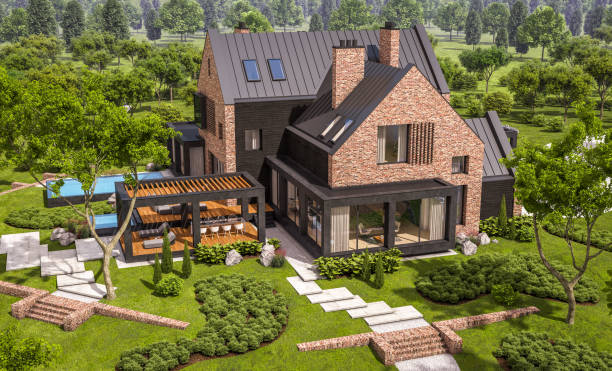 istock 3d rendering of modern clinker house on the ponds with pool 1132985981