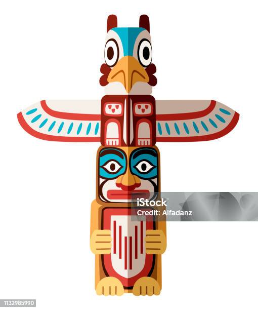 Colored Totem Wooden Object Symbol Animal Plant Representation Family Clan Tribe Flat Vector Illustration Isolated On White Background Stock Illustration - Download Image Now