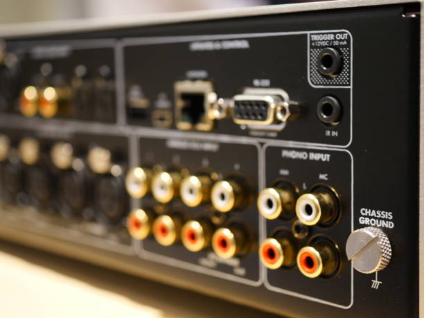 Audio Video front connenctors Audio Equipment, Cable, Electrical Equipment, Equipment, Gold home cinema system stock pictures, royalty-free photos & images