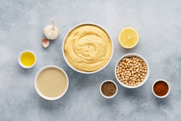 Hummus ingredients. Chickpea, tahini, olive oil, sesame, herbs.
