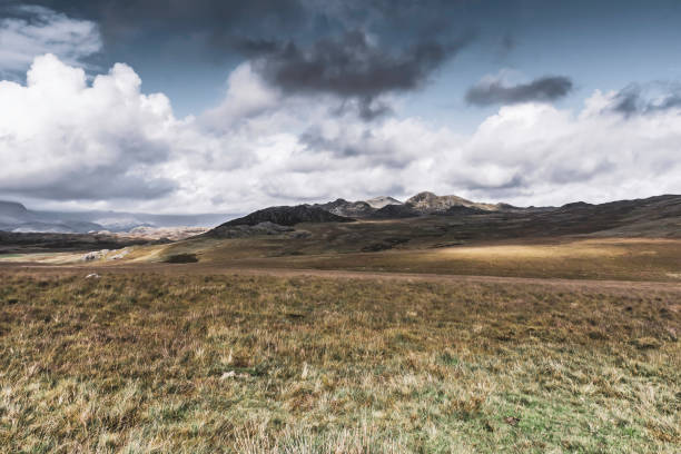 istock Landscape Uk.Panoramic view on scenic mountain valley with cloudy sky above and sunlight painting on hill slopes.Idyllic scenery of English Lake District. 1132987751