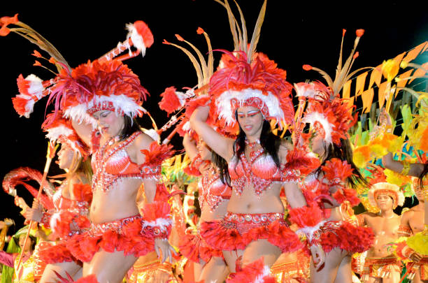 Indian Costume for Carnival São Luiz do Maranhão, Brazil, June 13, 2011: Young adults, wearing a colorful indian costume with headdress takes part in Carnival celebrations in Brazil. This is one of the many parades and street parties that takes place during the carnival season. mardi gras body painting stock pictures, royalty-free photos & images