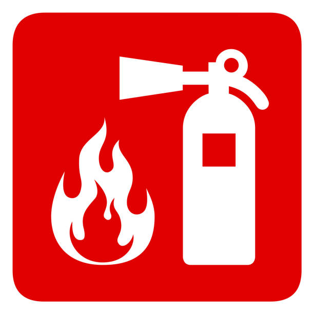 Fire security Fire safety red banner isolated on white background. Fire extinguisher and flame symbols. Vector illustration silhouette of firefighter logo stock illustrations