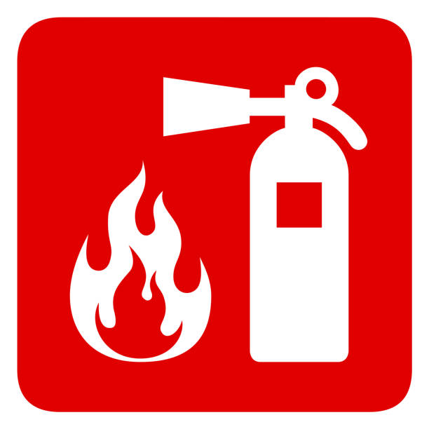 Fire security Fire safety red banner isolated on white background. Fire extinguisher and flame symbols. Vector illustration emergency services equipment stock illustrations