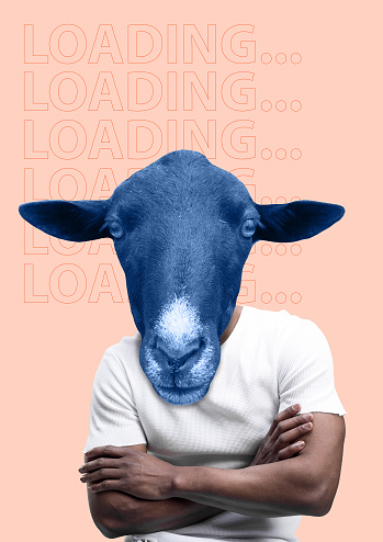 Slowpoke. Concept man with donkey head on color background. Contemporary modern art collage