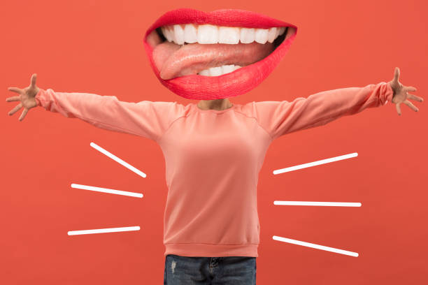 istock Collage in magazine style with happy emotions and female lips instead of head. 1132995310