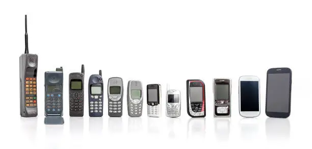 Photo of Old Mobile Phone from past to present on white background.