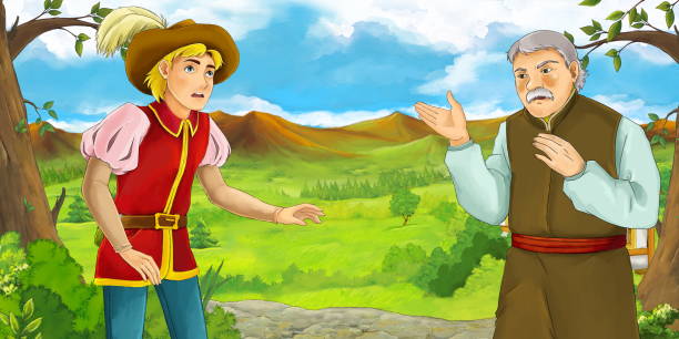 istock Cartoon scene with prince and farmer near the meadow standing and talking 1132999567