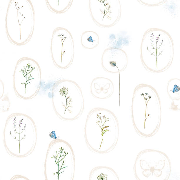 Summer seamless watercolor pattern with flowers, butterflies and watercolor splashes in pastel colors Summer seamless watercolor pattern with flowers, butterflies and watercolor splashes in pastel colors. simple butterfly outline pictures stock illustrations